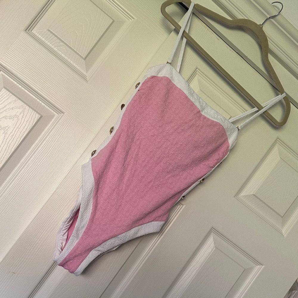 L'AGENCE Pink and White One Piece Swimsuit color block